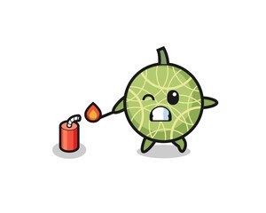 melon mascot illustration playing firecracker
