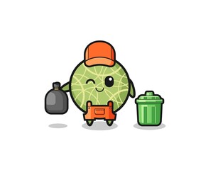 the mascot of cute melon as garbage collector