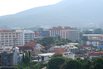 Aerial view of a magnificent metropolis in Chiang Mai, Thailand, Asia, with a mountain perspective.