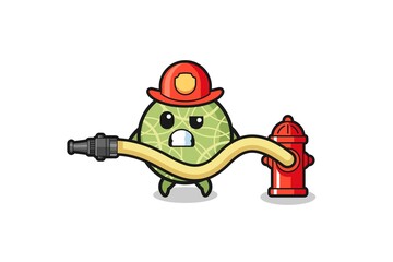 melon cartoon as firefighter mascot with water hose