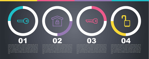 Set line Key, House under protection, and Open padlock. Business infographic template. Vector