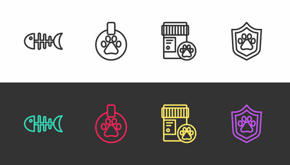 Set line Fish skeleton, Collar with name tag, Dog medicine bottle and Animal health insurance on black and white. Vector