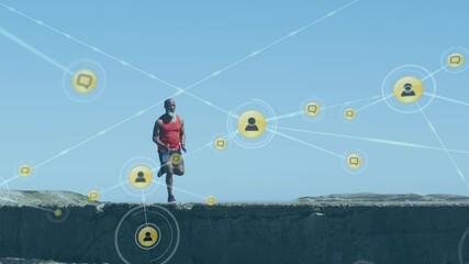 Animation of network of connections over senior african american man running at beach