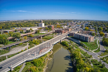 Aerial View of Moorhead, Minnesota on the Red River during Autumn