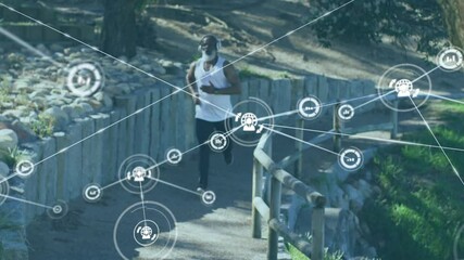 Animation of network of connections over senior african american man running at beach - Powered by Adobe