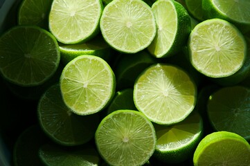 Lime Background with sunlight form outside. Close up shot of limes. Selective Focus of sliced lime. Lime is a kind of fruit. The result is very sour for cook the Thai food style