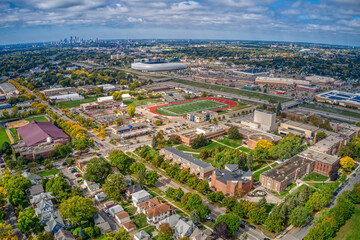 Fototapeta na wymiar Aerial View of a private University in St. Paul, Minnesota during Autumn