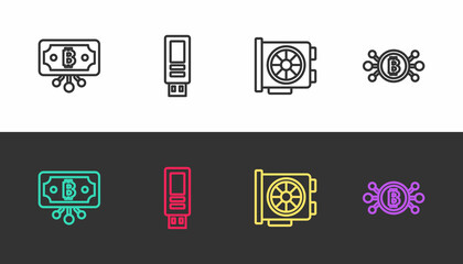 Set line Bitcoin with circuit, USB flash drive, Video graphic card and on black and white. Vector