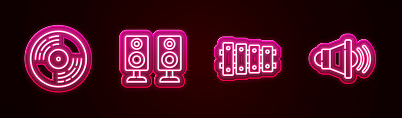 Set line Vinyl disk, Stereo speaker, Xylophone and Speaker volume. Glowing neon icon. Vector