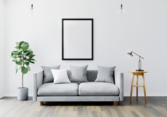 Poster frame mock-up in home interior background with sofa,green plant and lamp on table,3d rendering