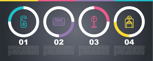 Set line Please do not disturb, Hotel key card, Parking and Lift. Business infographic template. Vector