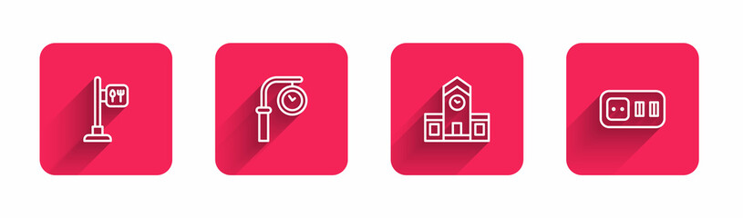 Set line Cafe and restaurant location, Train station clock, Railway and Electrical outlet with long shadow. Red square button. Vector