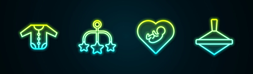 Set line Baby clothes, crib hanging toys, inside heart and Whirligig. Glowing neon icon. Vector