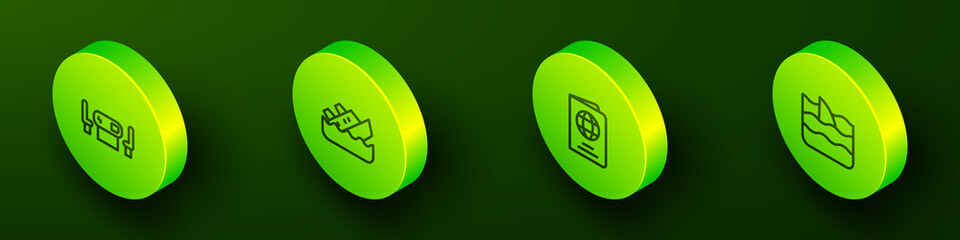 Set Isometric line Poker table, Sinking cruise ship, Passport and Shark fin ocean wave icon. Vector