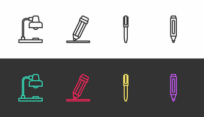 Set line Table lamp, Pencil with eraser, and Marker pen on black and white. Vector