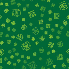 Set line Exam sheet and pencil, Online class and School building on seamless pattern. Vector