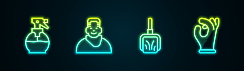 Set line Hairdresser pistol spray bottle, Client in barbershop, Dustpan and Medical rubber gloves. Glowing neon icon. Vector