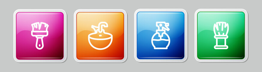 Set line Shaving brush, Washbasin, Hairdresser pistol spray bottle and . Colorful square button. Vector