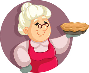 Granny Holding a Pie Vector Cartoon Illustration - obrazy, fototapety, plakaty