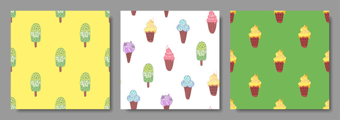 Set of three seamless patterns.Set of ice cream patterns on doodle style.Bright ice cream pattern. Cute summer hand drawn color background. Background for swimwear, fabric, cases, bed sheets, clothes.