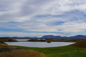 Fototapeta na wymiar Myvatn, Iceland: A shallow lake situated in an area of active volcanism in the north of Iceland near the Krafla volcano.