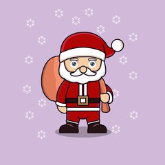 Cute cartoon Santa claus brings a gift sack. Vector illustration design for mascot, icon, logo, template, sticker, Christmas card