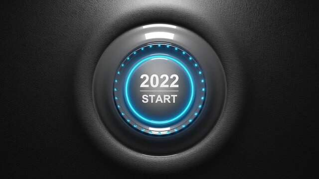 Start 2022. Happy New Year button. 3D movie