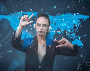 Woman pressing virtual buttons in futuristic concept