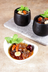 Peach Gum Collagen Dessert with fiber cream is a Chinese Traditional Refreshment Beverages. It is Contains Bird Nest, Red Dates, Snow Fungus, Goji Berry.