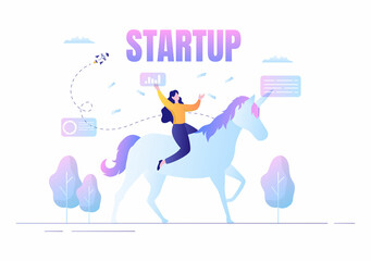 Unicorn Business Startup Symbol Vector Illustration. Businessman of Development Process, Innovation Product, and Creative Idea See the Goal to be Successful