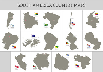 South America country maps with waving flags set. Highly detailed editable gray map silhouettes of South America countries vector illustration - obrazy, fototapety, plakaty