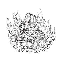 Drawing sketch style illustration of a dog or wolf fireman aiming a fire hose wearing a fire fighter hat with smoke and fire on isolated background in black and white tattoo style.