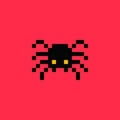8 bit, pixel, spider, black, vector. Pixel art tarantula isolated on white background. Spooky halloween character. Retro vintage