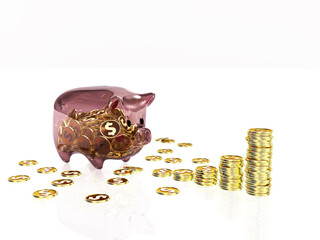 透明な豚の貯金箱とコインのグラフ　ドル