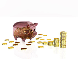 透明な豚の貯金箱とコインのグラフ　コイン