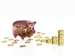 透明な豚の貯金箱とコインのグラフ　ポイント