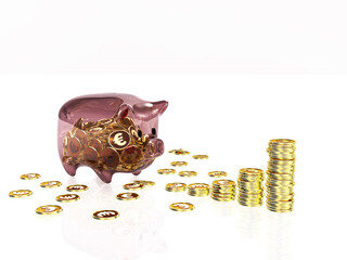 透明な豚の貯金箱とコインのグラフ　ユーロ