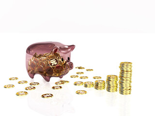 透明な豚の貯金箱とコインのグラフ　元