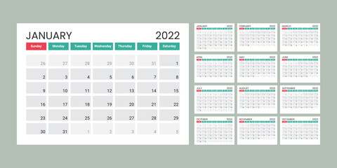 Calendar template for 2022 year. Planner diary in a minimalist style. Corporate and business calendar.