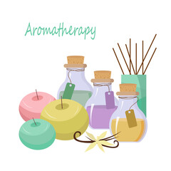 Aromatherapy card template. Oil bottles, vanilla and candles, diffuser. Vector illustration. For packaging, prints, brochures and covers, spas and beauty shops.