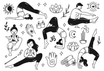 Cartoon Doodle of Woman Doing Yoga in Various Poses