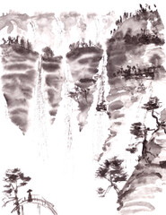 Obraz premium Mountain landscape with waterfall and pine trees in chinese style ink drawing
