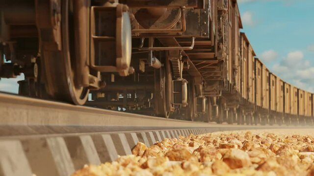 Vintage train running slowly. The railroad truck with longline railway wagons.