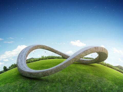 3D rendering of infinity symbol road in adventure route concept. Earth land with asphalt driveway on small green planet and blue sky background.