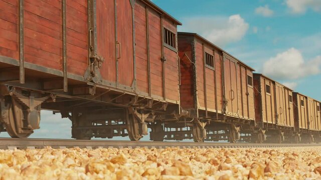 Vintage train running slowly. The railroad truck with longline railway wagons.