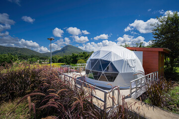 Geodesic dome tent for camping and beautiful landscape on hill in Chiang Dao, Chiang Mai, Thailand....