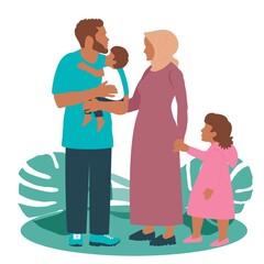 Beautiful muslim mother in hijab and father with siblings, great design for any purposes. Happy family leisure. The relationship between children and parents. Islam family. Vector flat illustration.