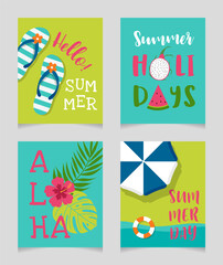 Set of summer holidays illustration for greeting card, invitation card, banner, poster, badge, sign or flyer.