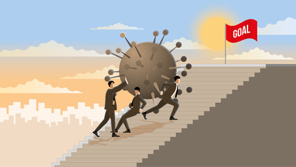 The Business partnership concept. The economic crisis by COVID-19 pandemic. Business owners carrying a huge problem with teamwork support and step up stairs to the top with the goal of victory flag.