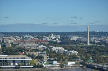 Washington, DC, USA - October 27, 2021: Aerial View of the Washington, DC Skyline, as Seen from a Skyscraper in Arlington, VA, on a Clear, Sunny Fall Afternoon